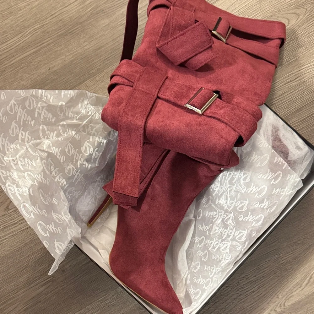 CAPE ROBBIN 🔥 Katey Buckle Suede Wrap Over-the-Knee Boots - Burgundy 🔥 Size 9